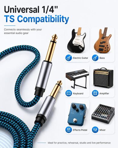 Hftywy 6.35mm Guitar Cable 25 ft 1/4 Inch Guitar Instrument Cable 6.35mm (1/4) TS to 6.35mm (1/4) TS Stereo Audio Cable Male to Male with Zinc Alloy Housing and Nylon Braid in Kuwait