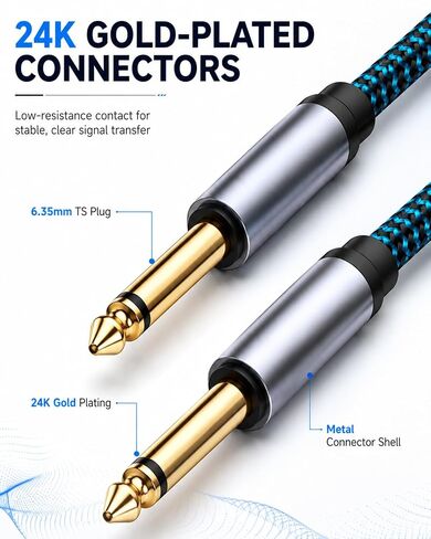 Hftywy 6.35mm Guitar Cable 25 ft 1/4 Inch Guitar Instrument Cable 6.35mm (1/4) TS to 6.35mm (1/4) TS Stereo Audio Cable Male to Male with Zinc Alloy Housing and Nylon Braid in Kuwait
