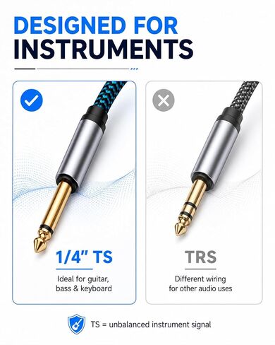 Hftywy 6.35mm Guitar Cable 25 ft 1/4 Inch Guitar Instrument Cable 6.35mm (1/4) TS to 6.35mm (1/4) TS Stereo Audio Cable Male to Male with Zinc Alloy Housing and Nylon Braid in Kuwait