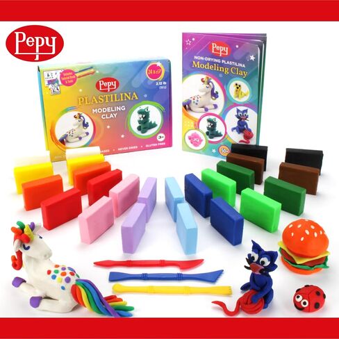 Pepy Plastilina Reusable and Non-Drying Modeling Clay Gift; Set of 24 Bars with Modeling Tools & Tutorial, 2 Each of 12 Colors, 1.4 oz Bars, Perfect for Arts and Crafts Projects in Kuwait