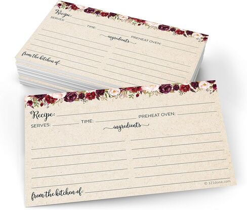 321Done Jumbo 5x7 Recipe Cards (Set of 50) Floral Watercolor Red Roses Rustic Kraft - Double-Sided for Weddings, Bridal, Baby Shower, Recipe Exchange - Made in USA - X-Large, Tan in Kuwait