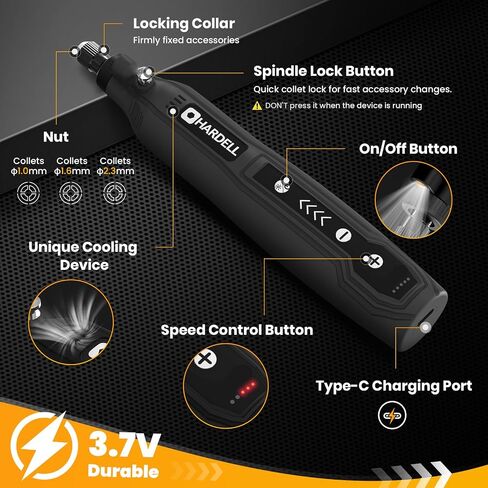 HARDELL Mini Cordless Rotary Tool 4V, 5-Speed Rotary Tool Kit with 86 Accessories, Power Rotary Tool for Cutting, Engraving, Sanding, Drilling, Polishing, Small Wood Carving tool or DIY Crafts(Black) in Kuwait