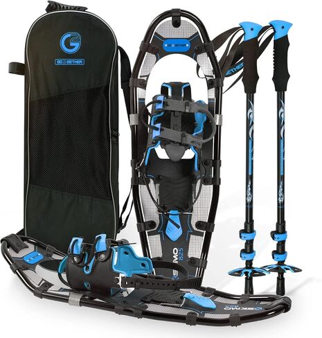 G2 21/25/30 Inches Light Weight Snowshoes for Women Men Youth, Set with Trekking Poles, Carrying Bag, Snow Baskets, Special EVA Padded One-Pull Binding, Heel Lift, Toe Box, Orange/Blue/Red Available in Kuwait