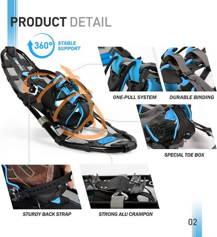 G2 21/25/30 Inches Light Weight Snowshoes for Women Men Youth, Set with Trekking Poles, Carrying Bag, Snow Baskets, Special EVA Padded One-Pull Binding, Heel Lift, Toe Box, Orange/Blue/Red Available in Kuwait