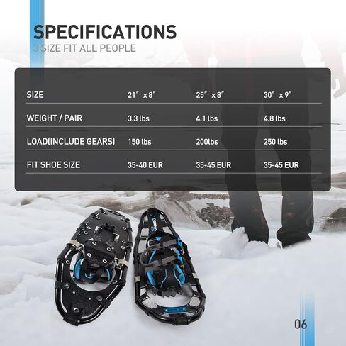 G2 21/25/30 Inches Light Weight Snowshoes for Women Men Youth, Set with Trekking Poles, Carrying Bag, Snow Baskets, Special EVA Padded One-Pull Binding, Heel Lift, Toe Box, Orange/Blue/Red Available in Kuwait
