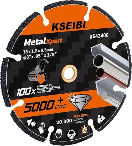 عجلة قطع الماس KSEIBI 643410 مقاس 4-1/2 × 7/8 بوصة - شفرة مقطوعة للمعادن وحديد التسليح والصلب والحديد الزهر والألومنيوم غير الحديدي - تضمن أكثر من 5000 قطعة من ملحقات طاحونة زاوية القرص غير القابلة للتدمير in Kuwait