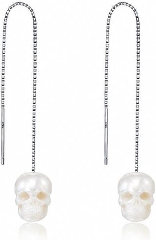 Pearl Skull Skeleton Threader Earrings,Halloween Earrings for Women, 925 Sterling Silver Teen Girls Elegant Long Earrings Pearl Tassel Dangle Earrings in Kuwait