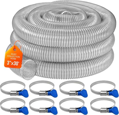 2 1/2" PVC Dust Collection Hose 10', Puncture Resistant PVC Dust Collection Hose with Carbon Steel Wire Coil, Flexible Clear Heavy PVC Fume Collection Hose for dust collection systems & 2 1/2" Ports in Kuwait