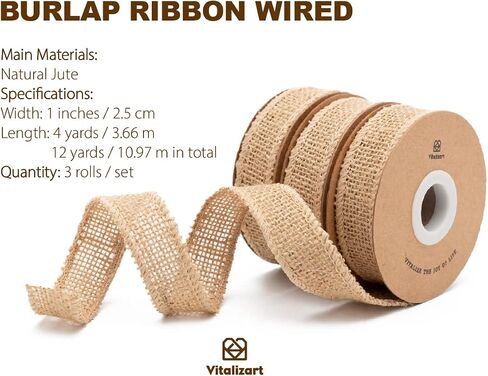 Vitalizart Burlap Ribbon Wired 1 Inch x 12 Yard Natural Burlap Fabric Jute Ribbon for Gift Wrapping Home Decor Wedding Decor Fall Decor Burlap Bows Flower Bouquet Christmas Tree in Kuwait