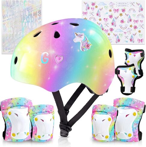 Kids Helmet, Toddler Bike Helmet with DIY Stickers Unicorn Knee Pads and Elbow Pads Set Adjustable Protective Gear Set for Girls Age 3-5-8 Years fit Roller Skates, Bicycle, Skateboarding, Scooter in Kuwait