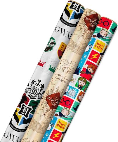 Hallmark Harry Potter Wrapping Paper with Cut Lines on Reverse (3-Pack: 60 sq. ft. ttl; Marauder's Map, Hogwarts Crest) for Birthdays, Graduations, Christmas, Valentine's Day in Kuwait