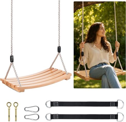 Wooden Tree Swing,Wooden Swing for Adults/Kids with 500lbs Load Capacity Waterproof Wooden Swing Seat Adjustable Hemp Rope Plus Tree Straps 100 inch for Indoor,Backyard,Garden,Playground in Kuwait