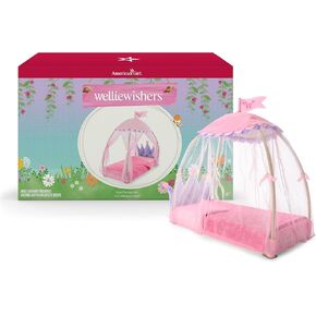 American Girl WellieWishers 14.5-inch Doll Royal Canopy Bed Playset with Mesh Drapes, Flag, and Blanket, For Ages 4+ in Kuwait
