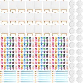 Qilery 168 Pcs Mini Watercolor Paint Set 24 Pcs Mini Canvases 24 Pcs Wooden Easel 24 Pcs Palettes 48 Pcs Acrylic Paint Strips 48 Pcs Painting Brush for Kids Paint Art Party Favors in Kuwait