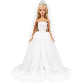BARWA White Wedding Dress with Long Veil Evening Party Princess White Lace Gown Dress for 11.5 Inch Girl Doll in Kuwait