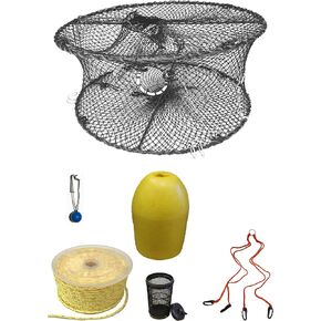 KUFA Sports Foldable Prawn Trap (Stretched Mesh Size:1-3/4") with 400' Rope, Yellow Float, Bait Bag & Harness Combo in Kuwait