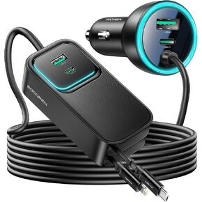 شاحن سيارة Rocoren 105W USB C 6 منافذ للسفر العائلي، PD 35W & QC3.0 30W شحن فائق السرعة لأجهزة متعددة، شاحن USB ولاعة السجائر مع كابل 5FT لهاتف iPhone 15 وiPad Pro وSamsung S23 in Kuwait