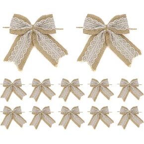 AIMUDI Natural Burlap Lace Bows 4 Inch Rustic Burlap Bows for Christmas Tree Decorations Vintage White Lace Wedding Bows Jute Wreath Bows Gift Bows for Crafts Baby Shower Diaper Cake - 12 Counts in Kuwait
