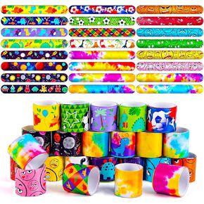 POPLAY 48PCS Kids Slap Bracelets, Slap Wristbands Bulk Tie Dye Bracelets Dinosaurs Mermaid Space Galaxy for Party Favors Classroom Prizes Exchanging Gifts in Kuwait