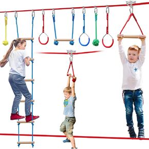 Ninja Warrior Obstacle Course for Kids，60ft Ninja Slackline-with 8 Pcs Accessories,Tree Protector & Carry Bag Ninja Course for Kids Outside-Backyard Zip Line for Kids in Kuwait
