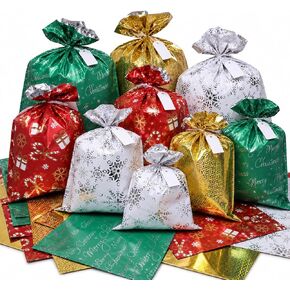 WesGen Christmas Gift Bags, 32Pcs Santa Wrapping Bag in 4 Sizes and 4 Designs with Ribbon Ties and Tags for Wrapping Holiday in Kuwait