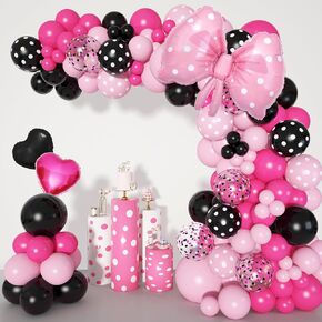 Ouddy Party Pink Mouse Balloon Garland Arch Kit for Cartoon Mouse Theme Birthday Party Decorations Girl Kids, Pink Black Rose Red Bow Foil Balloons Banners for Mouse Baby Shower Party Supplies in Kuwait