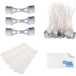 Candle Wick Bundle: 50 Candle Wicks, 50 Stickers and 3 Wick Holders - Easy Positioning - Wicks Coated with Natural Soy Wax, Cotton Threads Woven with Paper - Contains No Lead, Zinc or Other Metals in Kuwait
