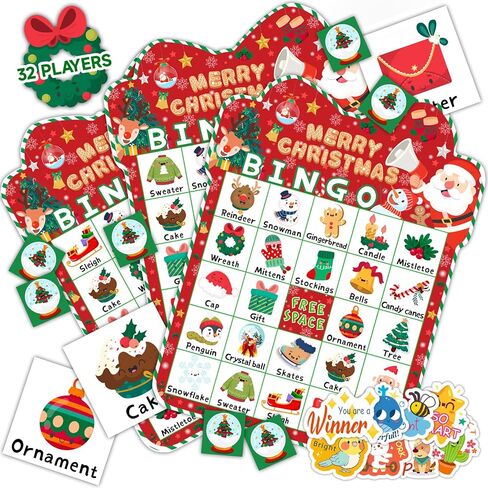 39Pcs Christmas Bingo Game for Kids Toddlers Adults, 24 Players Bingo Cards Christmas Games with 40Pcs Reward Stickers for Classroom Activities Family Party Favors Xmas Gifts Holiday Supplies in Kuwait
