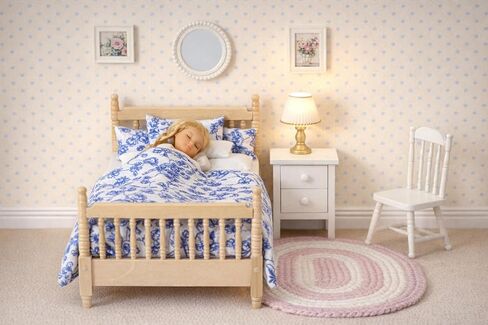 Dollhouse furniture queen bed toy set, pillow, white realistic bedroom accessories for 6 inch dolls, wood frame, 1/12 scale in Kuwait