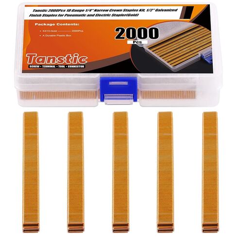 Tanstic 2000Pcs 18 Gauge 1/4" Narrow Crown Staples Kit, 1/2" Heavy Duty Galvanized Narrow Crown Finish Staples for Pneumatic Electric Stapler (Gold) in Kuwait