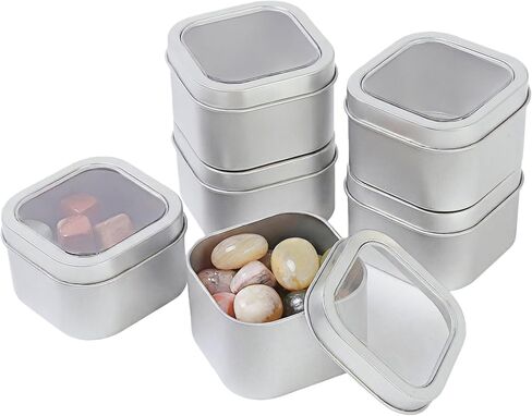 Empty 8-Ounce Capacity Square Silver Metal Tins with Clear Window for Candle Making, Candies, Gifts & Treasures (6 Pack) in Kuwait