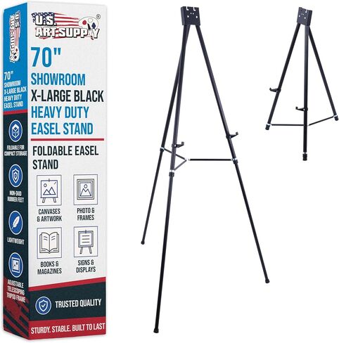 U.S. Art Supply 70" High Showroom XL Aluminum Display Easel, Holds 45 lbs - Heavy Duty Extra Large Black Presentation Stand, Adjustable Portable Tripod, Floor Tabletop Display Paintings, Signs, Poster in Kuwait