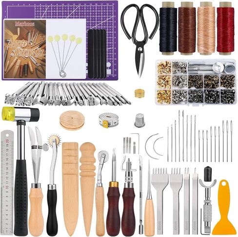 183Pcs Leather kit, Leather Working Tools Kit with Saddle Making Tools Set, Leather Rivets Kit, Prong Punch, Leather Hammer for Leather Working, Leather Making, Leather Craft DIY in Kuwait