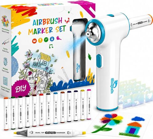 Air Brush Marker Set for Kids Includes 12 Washable Markers 20 Stencils Gift for Ages 5 6 7 8 9 Years Old - Great Arts & Crafts Set in Kuwait