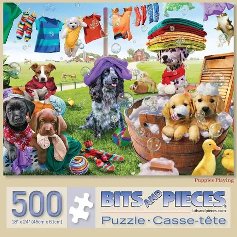 Bits and Pieces - 500 Piece Jigsaw Puzzle for Adults – ‘Puppies Playing’ 500pc Large Piece Jigsaw by Artist Adrian Chesterman - 18" x 24" in Kuwait