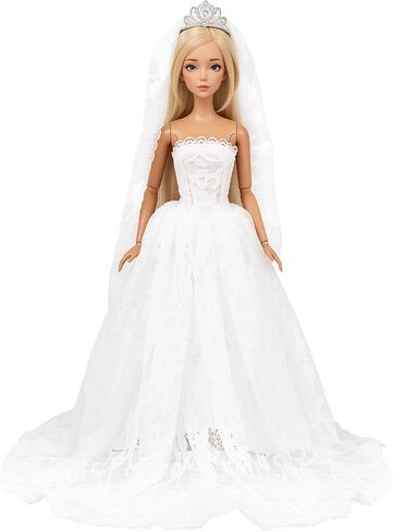 BARWA White Wedding Dress with Long Veil Evening Party Princess White Lace Gown Dress for 11.5 Inch Girl Doll in Kuwait