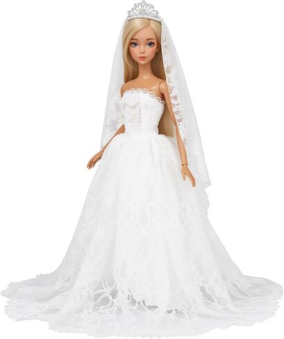 BARWA White Wedding Dress with Long Veil Evening Party Princess White Lace Gown Dress for 11.5 Inch Girl Doll in Kuwait