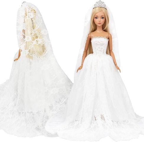 BARWA White Wedding Dress with Long Veil Evening Party Princess White Lace Gown Dress for 11.5 Inch Girl Doll in Kuwait