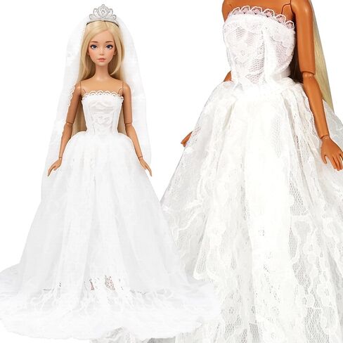 BARWA White Wedding Dress with Long Veil Evening Party Princess White Lace Gown Dress for 11.5 Inch Girl Doll in Kuwait