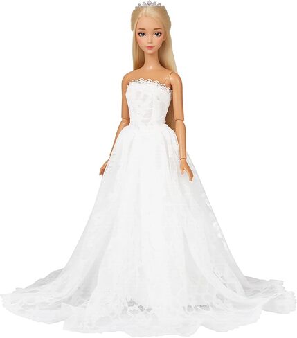 BARWA White Wedding Dress with Long Veil Evening Party Princess White Lace Gown Dress for 11.5 Inch Girl Doll in Kuwait