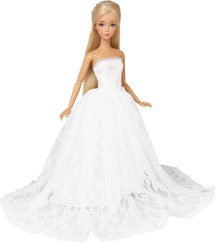 BARWA White Wedding Dress with Long Veil Evening Party Princess White Lace Gown Dress for 11.5 Inch Girl Doll in Kuwait