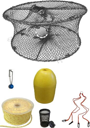 KUFA Sports Foldable Prawn Trap (Stretched Mesh Size:1-3/4") with 400' Rope, Yellow Float, Bait Bag & Harness Combo in Kuwait