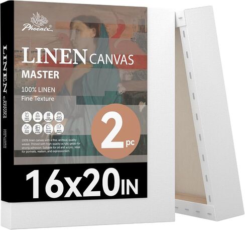 قماش فينيكس الكتان للرسم، مقاس 16 × 20 بوصة/4 عبوات - شكل جانبي 3/4 بوصة، نسيج متوسط ​​- 13 أونصة قماش ممتد ثقيل الوزن احترافي للزيوت والأكريليك والباستيل in Kuwait