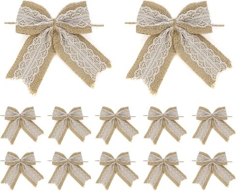 AIMUDI Natural Burlap Lace Bows 4 Inch Rustic Burlap Bows for Christmas Tree Decorations Vintage White Lace Wedding Bows Jute Wreath Bows Gift Bows for Crafts Baby Shower Diaper Cake - 12 Counts in Kuwait
