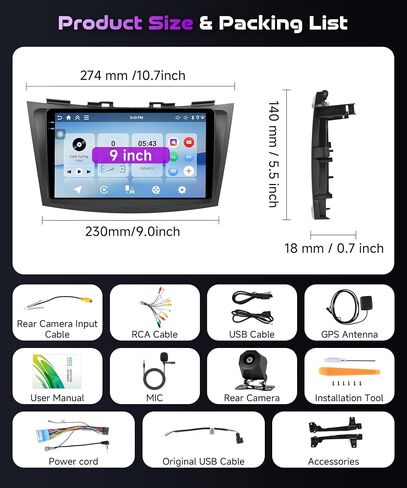 for Suzuki Swift 2011-2015 Android Stereo Support Wireless Carplay Android Auto with 9" Touchscreen 2+32G with Phonelink WiFi GPS Navigation Bluetooth FM Radio Receiver Backup Camera External Mic in Kuwait