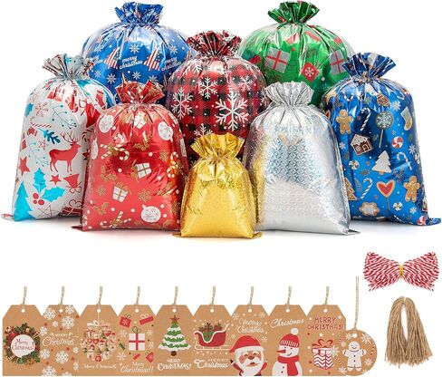 Lousrnman Christmas Drawstring Gift Bags Assorted Sizes, 50× Large Christmas Gift Bags, 60× Kraft Paper Tags and 2× 390in Ribbon Ties, 5× Different Sizes for 10× Designs Gift Bags for Presents in Kuwait