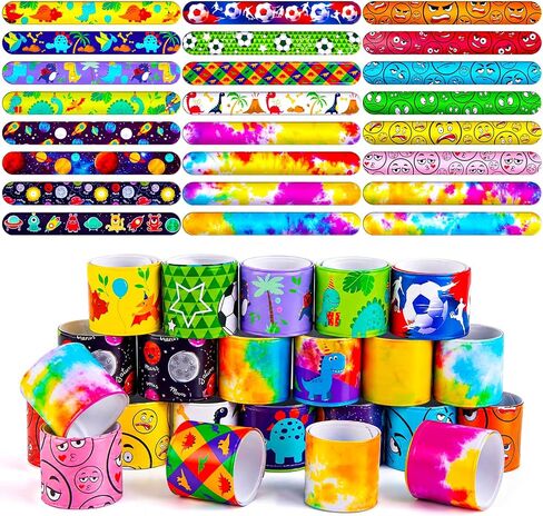 POPLAY 48PCS Kids Slap Bracelets, Slap Wristbands Bulk Tie Dye Bracelets Dinosaurs Mermaid Space Galaxy for Party Favors Classroom Prizes Exchanging Gifts in Kuwait