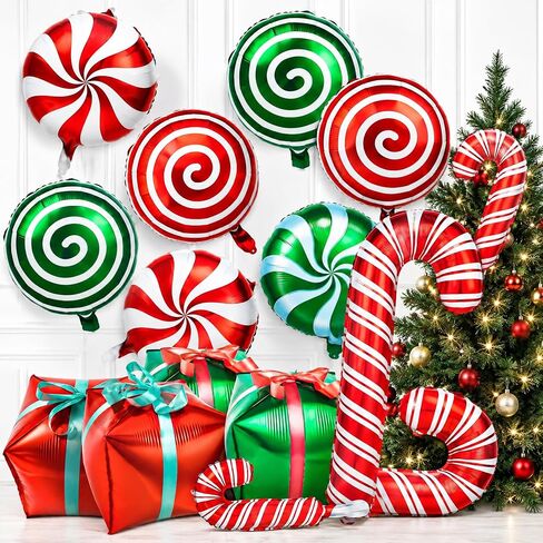 30Pcs Christmas Foil Balloons, Large Candy Cane Swirl Mylar Balloons with Ribbons, Red Green Balloons for Birthday and Candies Theme Party Decorations in Kuwait