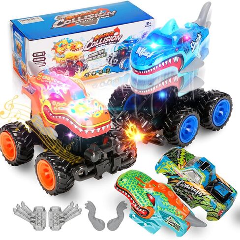 Exploding Monster Truck Toy with Interchangeable Dinosaur and Shark Bodies, Lights & Sounds,2 Pack of Light Up Monster Truck for Boys Age 3, 4-7 and Above and Girls in Kuwait