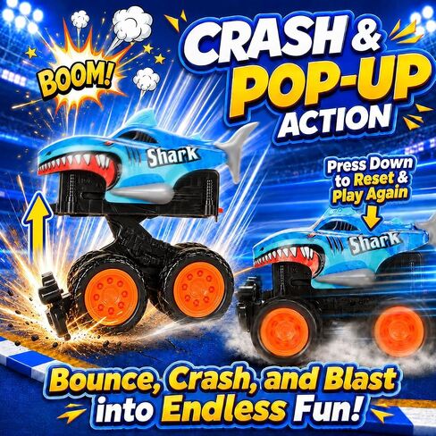 Exploding Monster Truck Toy with Interchangeable Dinosaur and Shark Bodies, Lights & Sounds,2 Pack of Light Up Monster Truck for Boys Age 3, 4-7 and Above and Girls in Kuwait